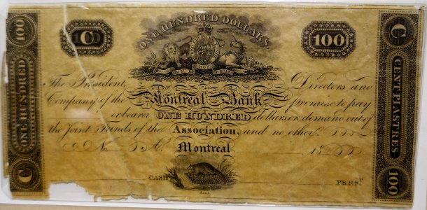 100_Dollars,_Montreal_Bank,_date_unclear_-_Bank_of_Montréal_Museum_-_Bank_of_Montreal,_Main_Montreal_Branch_-_119,_rue_Saint-Jacques,_Montreal,_Quebec,_Canada_-_DSC08432