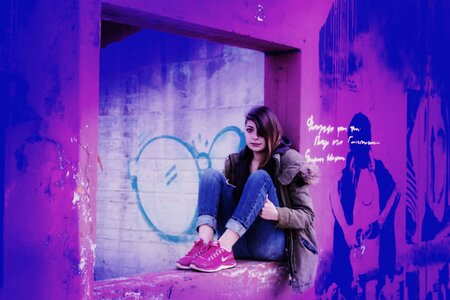 Pink girl in a window landscape