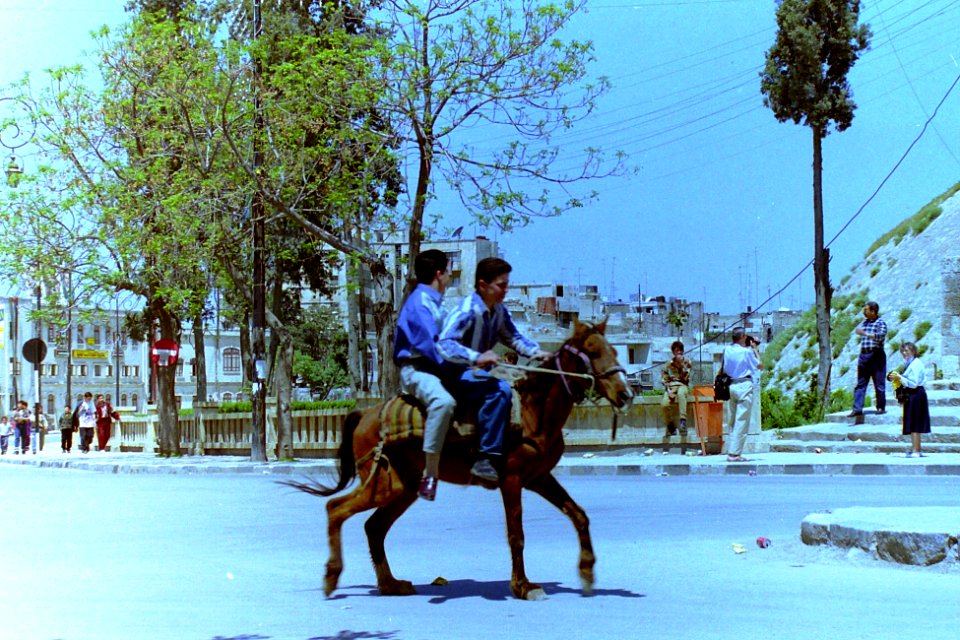 1996_in_Aleppo,_Syria._Two_young_men_riding_a_horse._Spielvogel_Archiv