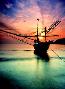 The scenery ship sunrise and sunset