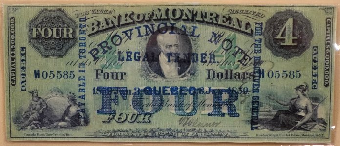4_Dollars,_Bank_of_Montreal,_1859,_overprinted_as_provincial_note_-_Bank_of_Montréal_Museum_-_Bank_of_Montreal,_Main_Montreal_Branch_-_119,_rue_Saint-Jacques,_Montreal,_Quebec,_Canada_-_DSC08482 photo