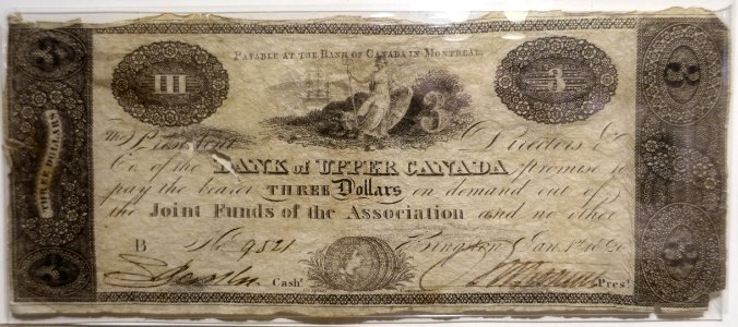 3_Dollars,_Bank_of_Upper_Canada,_1820_-_Bank_of_Montréal_Museum_-_Bank_of_Montreal,_Main_Montreal_Branch_-_119,_rue_Saint-Jacques,_Montreal,_Quebec,_Canada_-_DSC08410