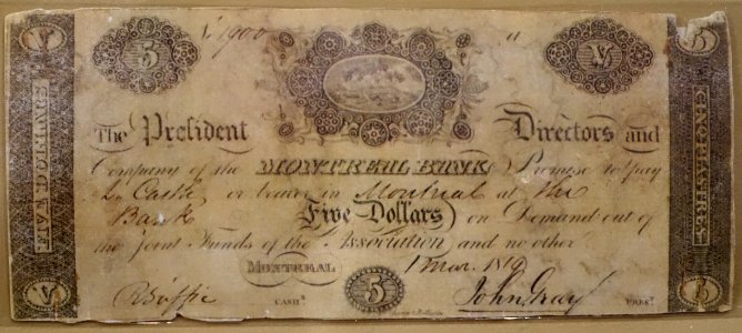 5_Dollars,_Montreal_Bank,_1819_-_Bank_of_Montréal_Museum_-_Bank_of_Montreal,_Main_Montreal_Branch_-_119,_rue_Saint-Jacques,_Montreal,_Quebec,_Canada_-_DSC08495