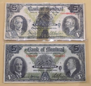 5_Dollars,_Bank_of_Montreal,_1938,_with_counterfeit_-_Bank_of_Montréal_Museum_-_Bank_of_Montreal,_Main_Montreal_Branch_-_119,_rue_Saint-Jacques,_Montreal,_Quebec,_Canada_-_DSC08447 photo