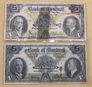 5_Dollars,_Bank_of_Montreal,_1938,_with_counterfeit_-_Bank_of_Montréal_Museum_-_Bank_of_Montreal,_Main_Montreal_Branch_-_119,_rue_Saint-Jacques,_Montreal,_Quebec,_Canada_-_DSC08447