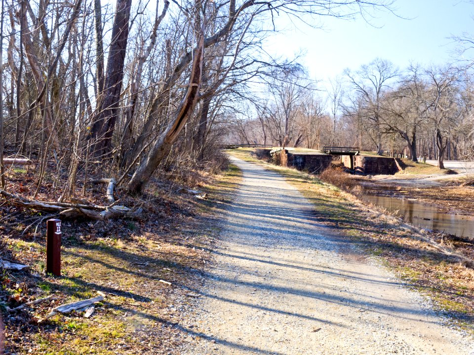 22_Mile_Marker_(Note_modern_NPS_marker)_and_Lock_23_Violettes_Lock_on_Chesapeake_and_Ohio_Canal