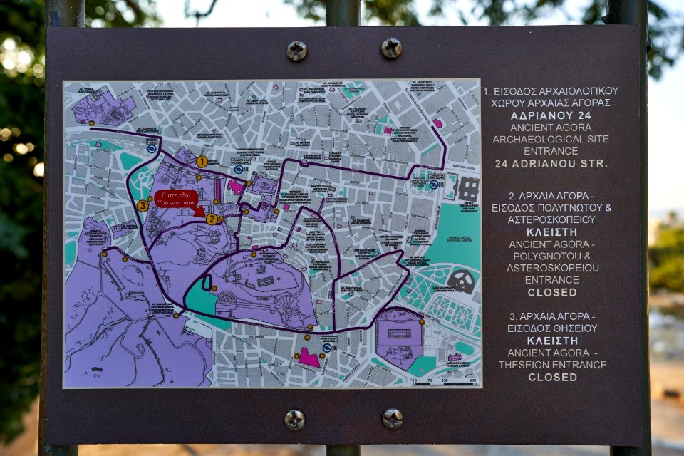 A_map_with_the_main_archaeological_sites_in_Athens_on_one_of_the_entrances_to_the_Ancient_Agora_of_Athens_on_September_15,_2020