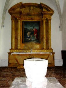 Église_Saint-Pierre_de_Montlivault,_fonts_baptismaux,_tableau_baptême_du_Christ