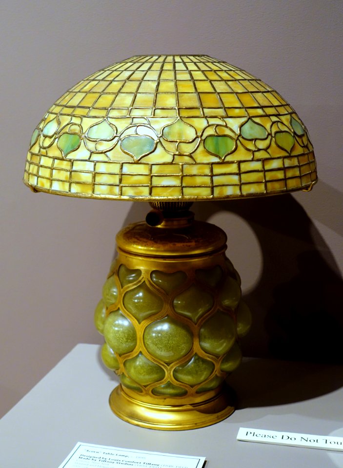 Acorn table lamp, Louis Comfort Tiffany, mady by Tiffany Studios, Corona NY, c. 1895, stained and blown glass with gilt bronze fittings - Bennington Museum - Bennington, VT - DSC09047
