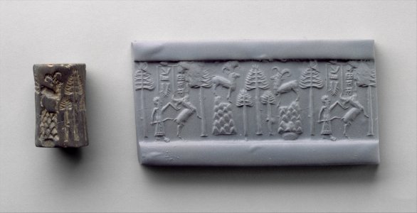 Akkadian cylinder seal and modern impression hunting scene ca 2250 2150 BC