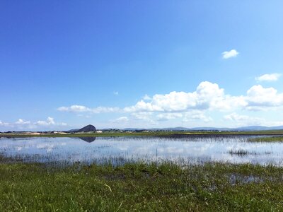 Lake blue sky grassland