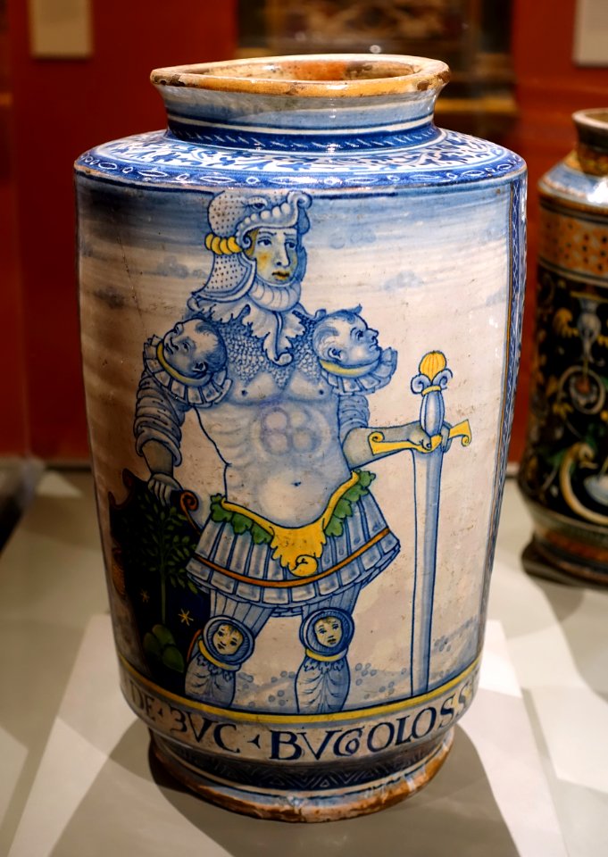 Albarello for bugloss sugar, with scene of Roman soldier, Italy, possibly Castelli, c. 1545-1550, maiolica - Wadsworth Atheneum - Hartford, CT - DSC05114