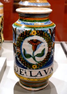 Albarello for aloe lavato, Italy, Florentine region, probably Montelupo, c. 1500-1520, maiolica - Wadsworth Atheneum - Hartford, CT - DSC05117