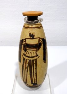 Alabastron with African warrior, Group of the Negro Alabastra, Greek, Attic, c. 500 BC, white-ground technique on earthenware - Krannert Art Museum, UIUC - DSC06531