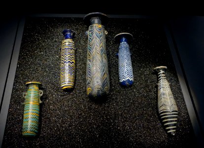 Alabastra, left Greek 5th century BC, center Mediterranean 2nd half of 4th century BC, right Cyprus 1st half of 1st century BC, glass - Landesmuseum Württemberg - Stuttgart, Germany - DSC03320