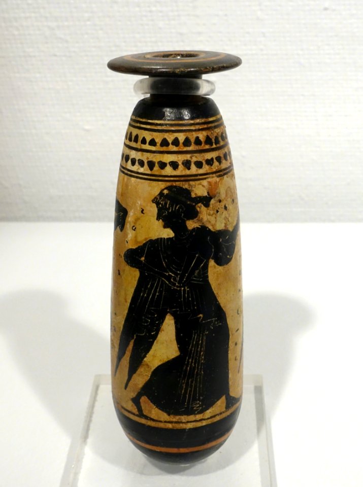 Alabastron with dancing maenads, Sappho painter, Greek, Attic, c. 500-490 BC, white-ground technique on earthenware - Krannert Art Museum, UIUC - DSC06527