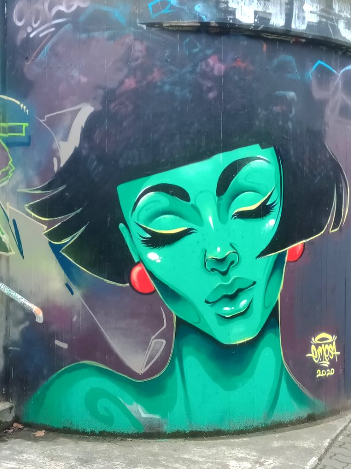 Alb, Karlsruhe-Mühlburg, Graffiti Emesa, grüne Frau