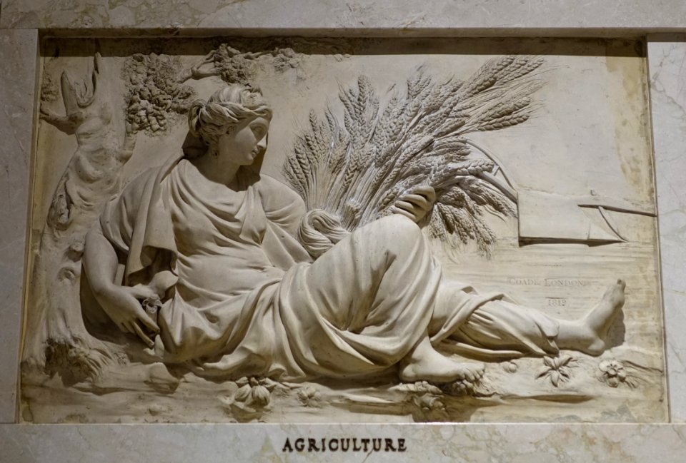 Agriculture by Joseph Panzetta and Thomas Dubbin, Coade Stone Factory, 1819, based on designs by John Bacon (1740-1799) - Bank of Montreal Main Montreal Branch - Montreal, Canada - DSC08498