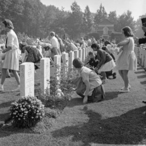 Airborne herdenking te Oosterbeek Oosterbeekse kinderen leggen bloemen, Bestanddeelnr 915-5309