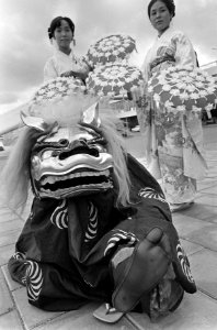 Aankomst Japanse dansgroep op Schiphol. Dhr. Gennosuke Matsomote voert Leeuwend, Bestanddeelnr 920-8084
