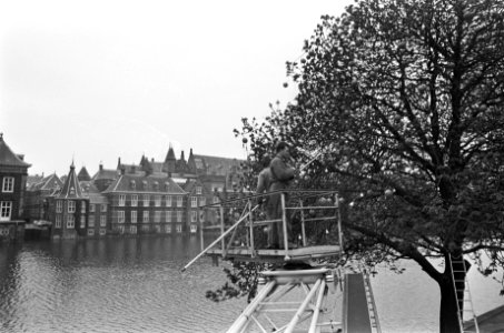 Aanbrengen versiering (oranjeballen) op de Lange Vijverberg te Den Haag, Bestanddeelnr 920-2235