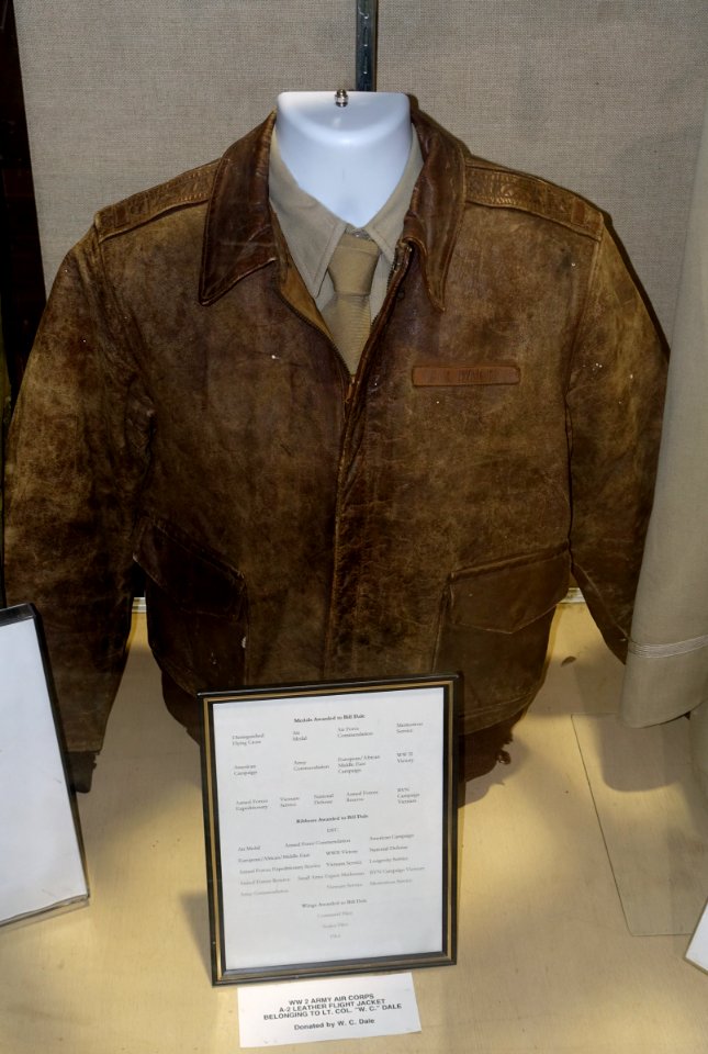 A-2 leather flight jacket, Army Air Corps, World War II, owned by Lt. Col. W. C. Dale - Oregon Air and Space Museum - Eugene, Oregon - DSC09892