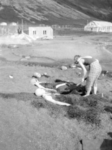 Aan de oever van het meer van Laugarvatn Twee meisjes worden in de warme as ing, Bestanddeelnr 252-1670