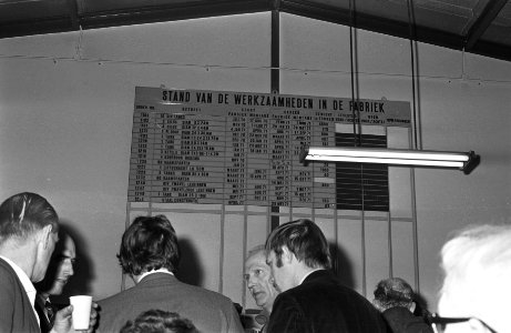 Aanwezigen in gesprek, met op de achtergrond een bord dat de stand van de werkz…, Bestanddeelnr 924-3515