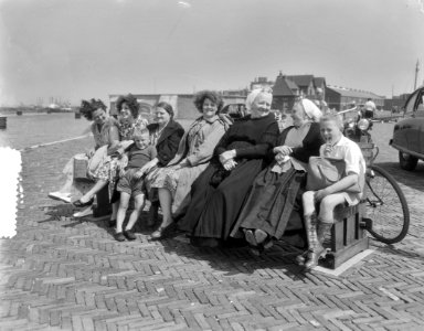 Aanvoer eerste nieuwe haring IJmuiden, vrouwen op een uitkijkbankje op de Kop v, Bestanddeelnr 906-4913