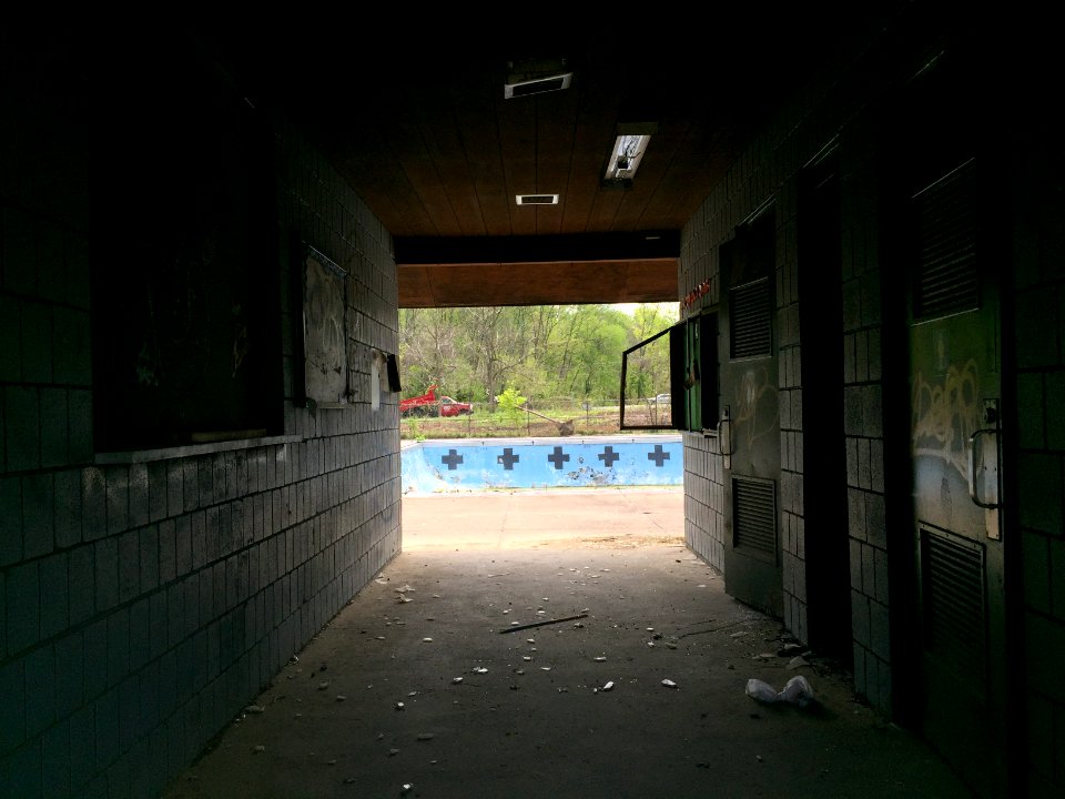 Abandoned YMCA bathhouse entrance, Upper St. Clair, Pennsylvania, 5-2-2021