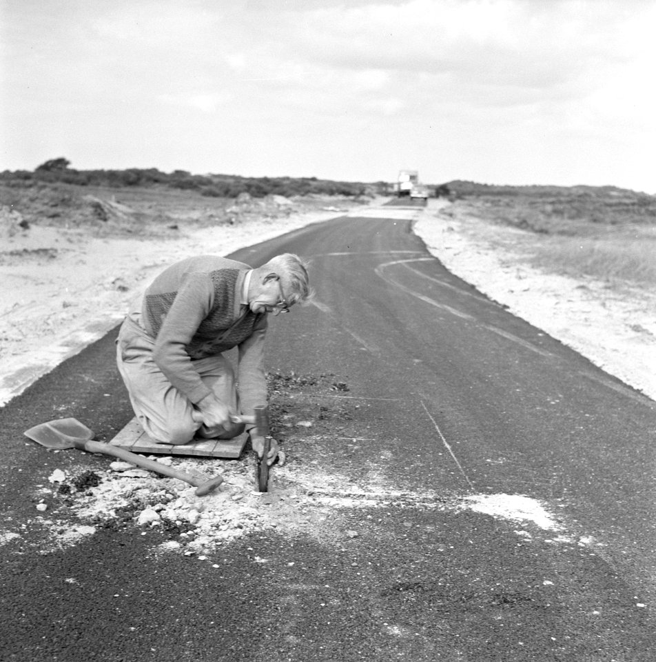 Aanleg en verbeteren van wegen, dijken en spaarbekken, duinen, proefvak hakken, , Bestanddeelnr 161-0565