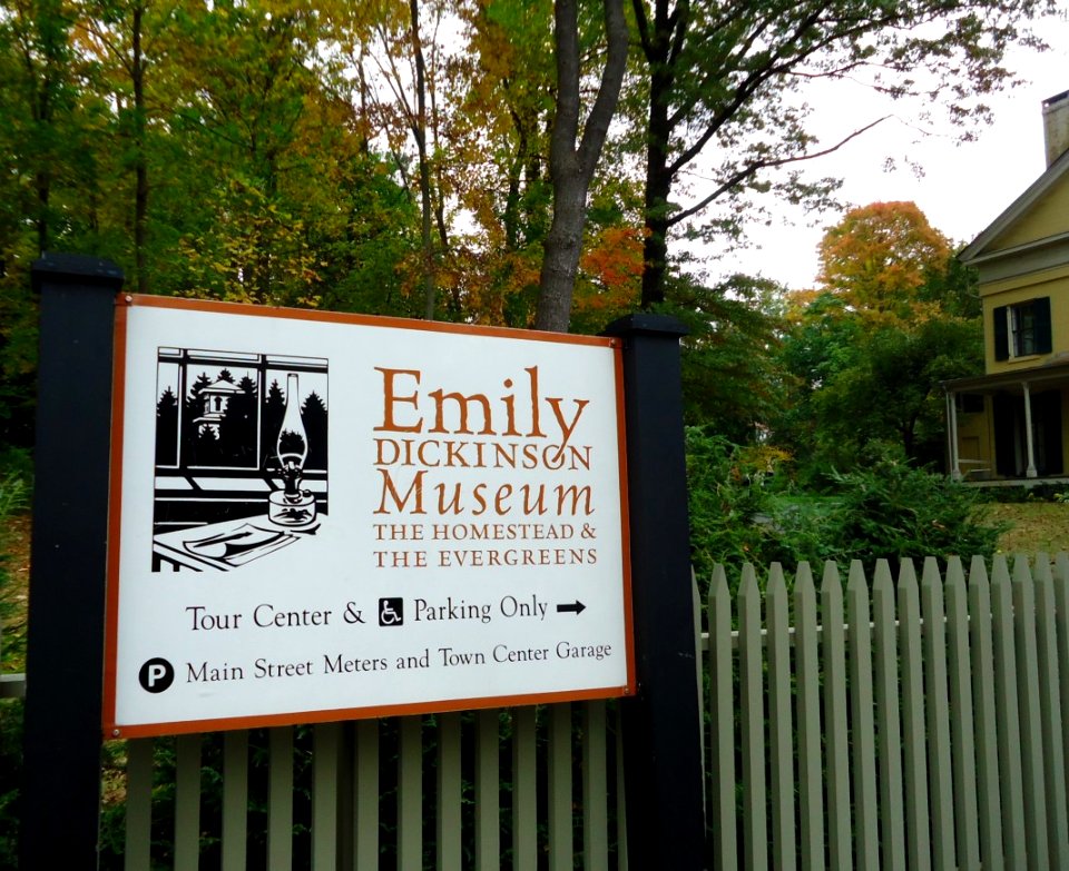 Amherst Massachusetts sign outside Emily Dickinson house museum
