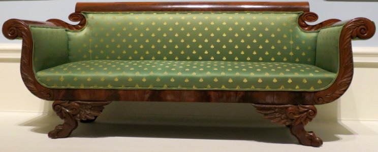 American empire style sofa, c. 1820-30, wood, mahogany veneer and brocade upholstery, Dayton Art Institute
