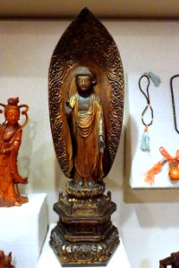 Amida Butsu with pedestal, Japan, 1750-1850 AD, wood, metallic pigment - Spurlock Museum, UIUC - DSC06034