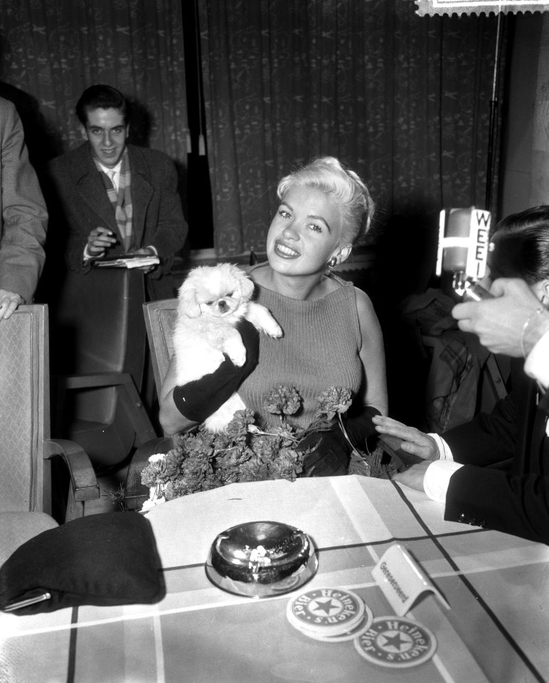 Amerikaanse filmster Jayne Mansfield arriveert op Schiphol. Tijdens de persconfe, Bestanddeelnr 909-0217
