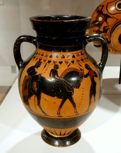 Amphora with equestrian scenes, Pointed Nose Painter, Tyrrhenian group, Greek, Attic, c. 550 BC, black-figure technique - Krannert Art Museum, UIUC - DSC06540