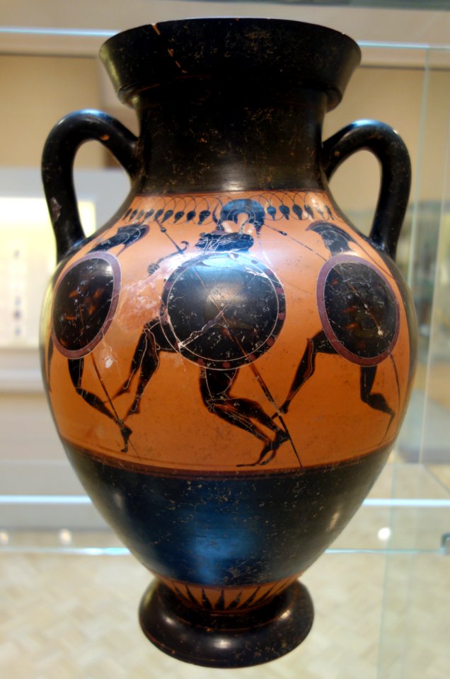 Amphora, Circle of the Antimenes Painter, Greek, Attica, c. 520-510 BC, Side A (Four hoplites running), Side B (Four hoplites standing), ceramic, black figure decoration - Chazen Museum of Art - DSC02671