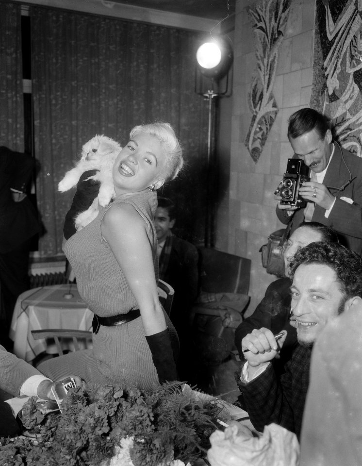 Amerikaanse filmster Jayne Mansfield arriveert op Schiphol. Tijdens de persconfe, Bestanddeelnr 909-0218