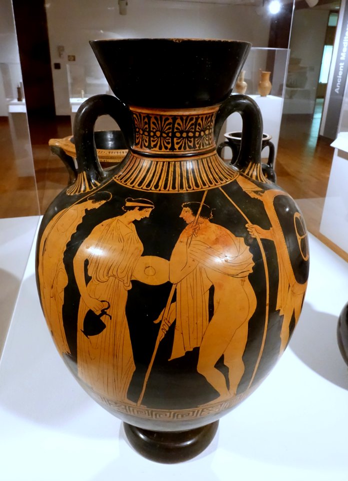 Amphora with departure of warriors and conversing youths, Amykos painter, Greek, South Italy, Lucanian, c. 430-400 BC, red-figure technique on earthenware - Krannert Art Museum, UIUC - DSC06517