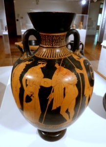 Amphora with departure of warriors and conversing youths, Amykos painter, Greek, South Italy, Lucanian, c. 430-400 BC, red-figure technique on earthenware - Krannert Art Museum, UIUC - DSC06517