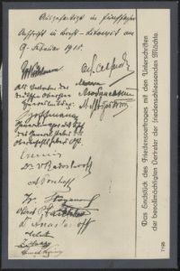Ansichtkaart met laatste pagina vredesverdrag Brest-Litowsk met ondertekeningen, Bestanddeelnr 158-1871