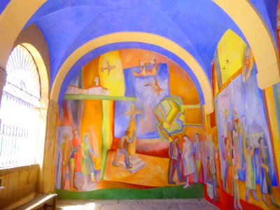 Antezana - San Miguel Arcángel, pórtico, 'Pinturas para la Vida' (Xabier Egaña) 1
