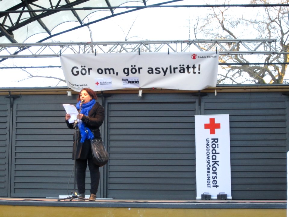 Andisheh Alishahi from Asylrörelsen Stockholm at demonstration against Swedish migration policy in Stockholm