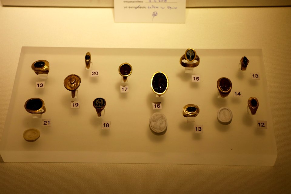Ancient gold finger-rings at the National Archaeological Museum of Athens on 16 May 2018