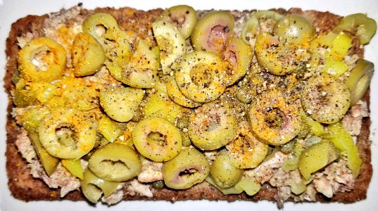 Anchovy, pepperoncini, olives, with mustard, curry, black pepper, on German multi-grain bread - Arlington, MA