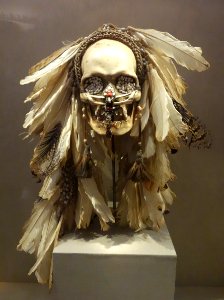 Ancestor skull, Southwest Coast, Asmat people, 20th century, skull, beads, feathers, fiber - De Young Museum - DSC01202