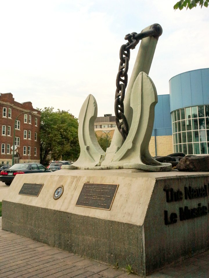 Anchor statue outside of the Naval Museum of Manitoba