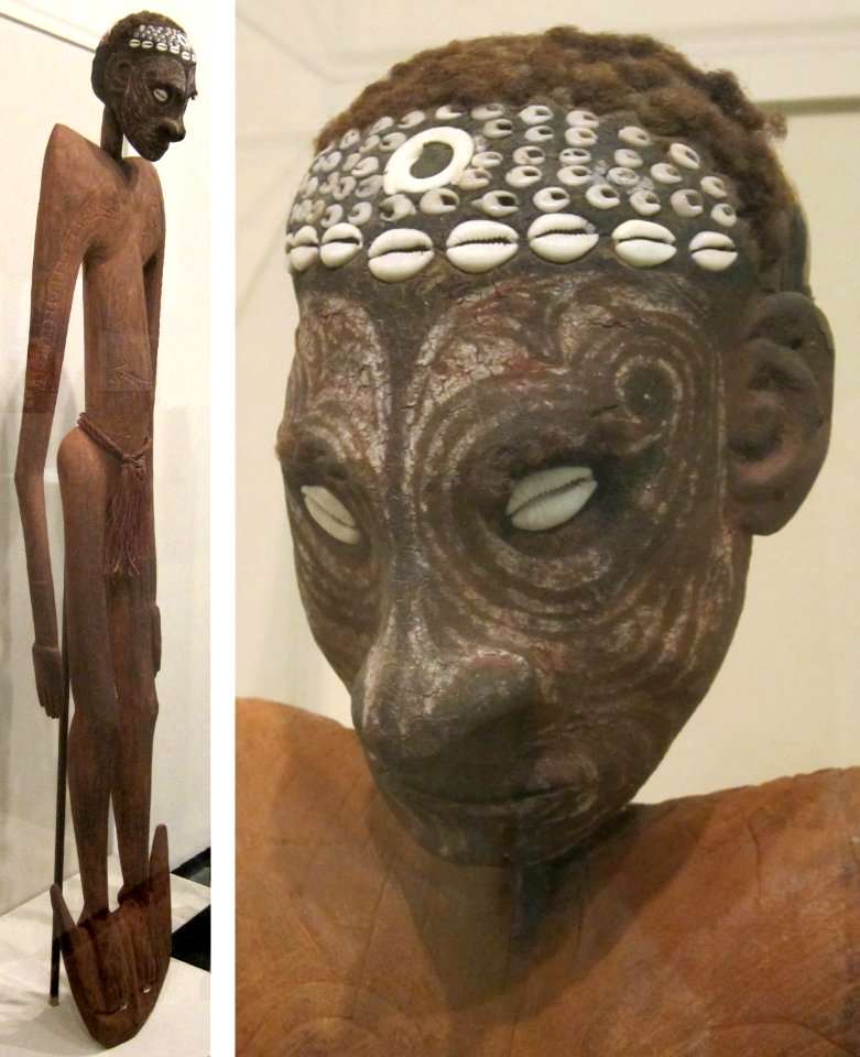 Ancestor figure with skull, Papua New Guinea, Middle Sepik, Iatmul people, wood, skull, shells and human hair, HAA