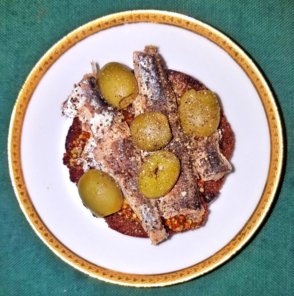 Anchovy, green olive, mustard, and pepper sandwich on toasted Boston brown bread - Massachusetts