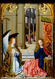 Annunciation, by the Master of the Hartford Annunciation, France, School of Amiens, c. 1480, oil and tempera on canvas transferred from panel - Wadsworth Atheneum - Hartford, CT - DSC05102
